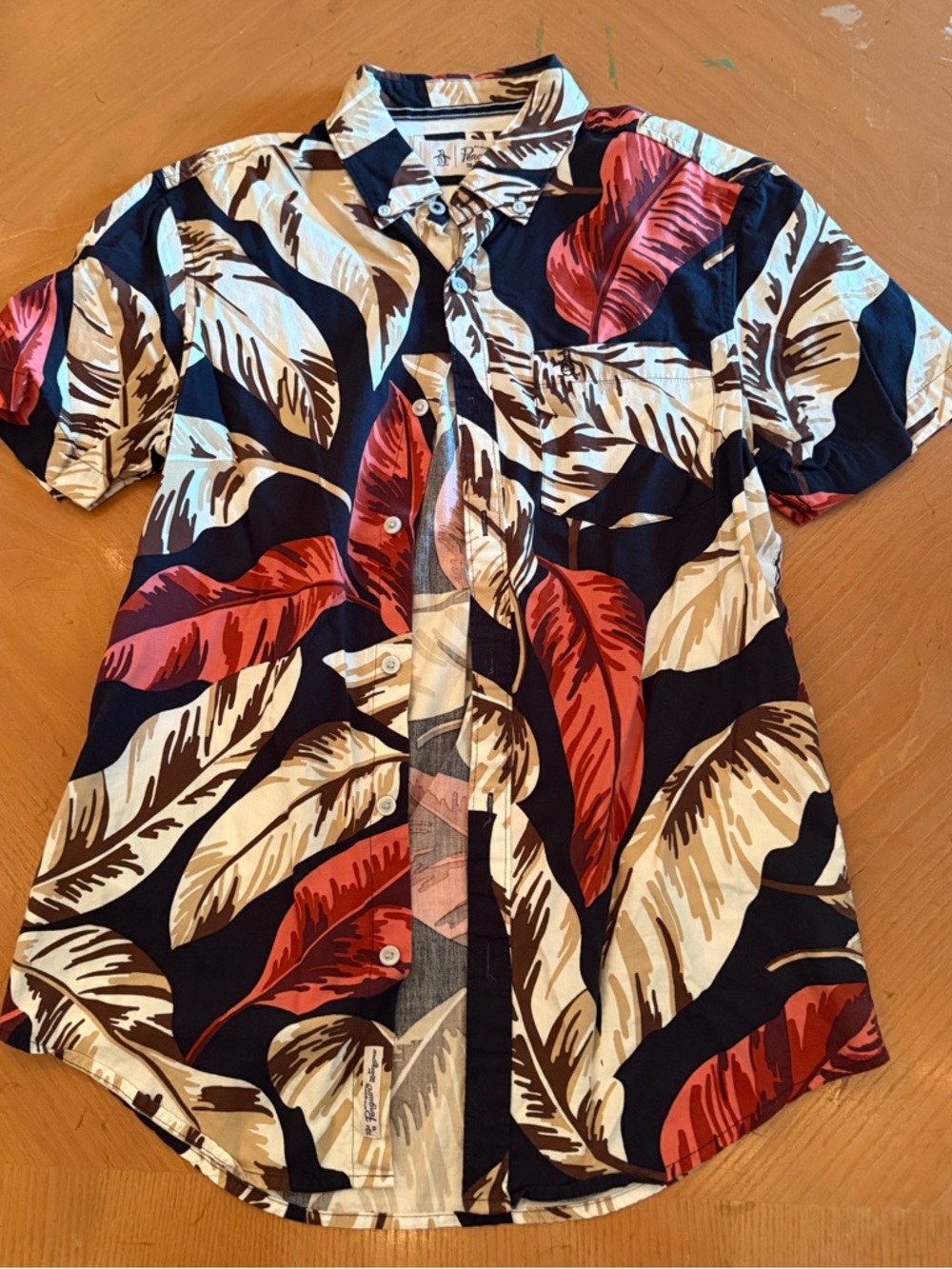 Tropical Leaf Short Sleeve Button-Up Shirt — Navy with Red & Cream Leaves